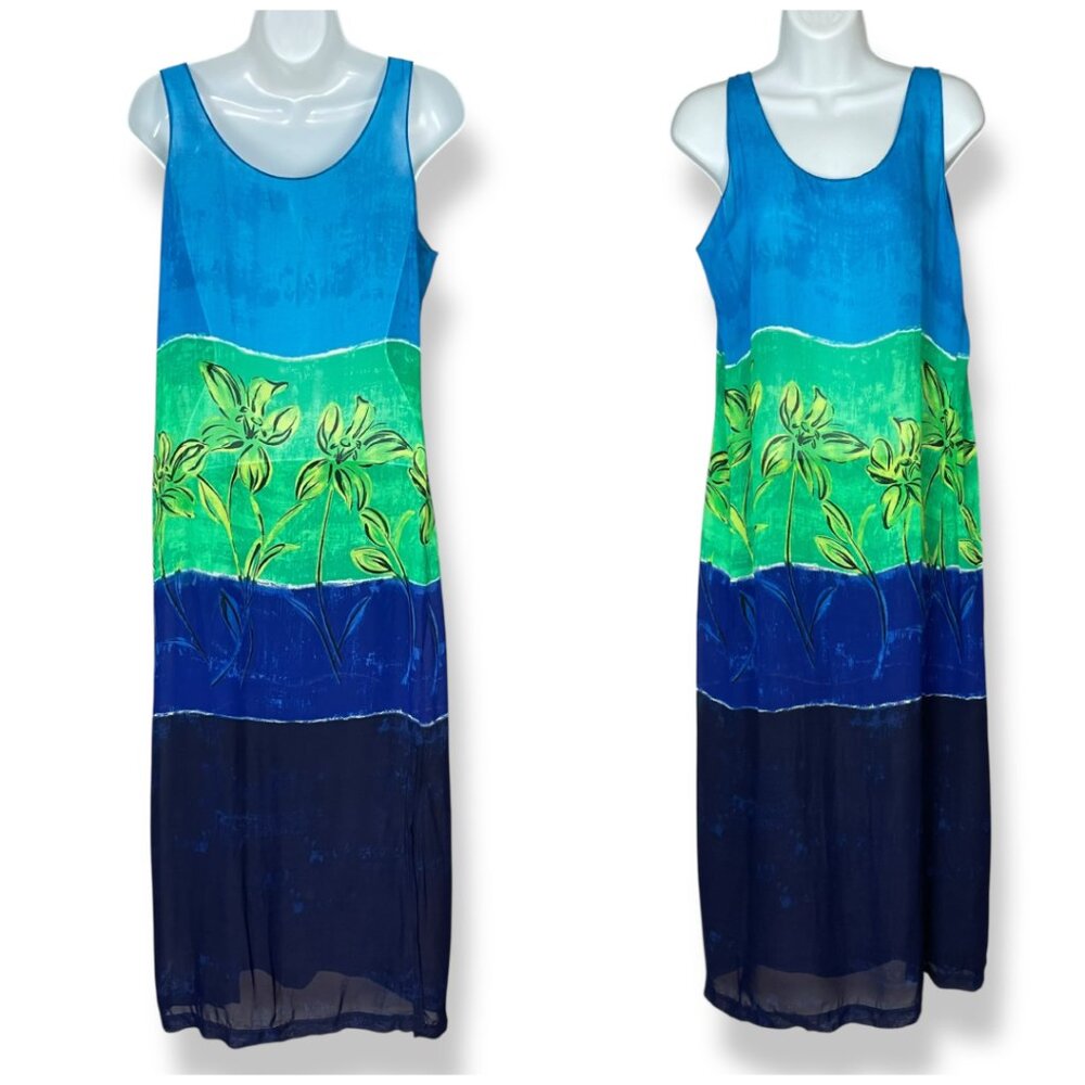 Vintage Dress Beachy Sheer Cover-Up Floral Stripes Blue‎ Green Sleeveless Small